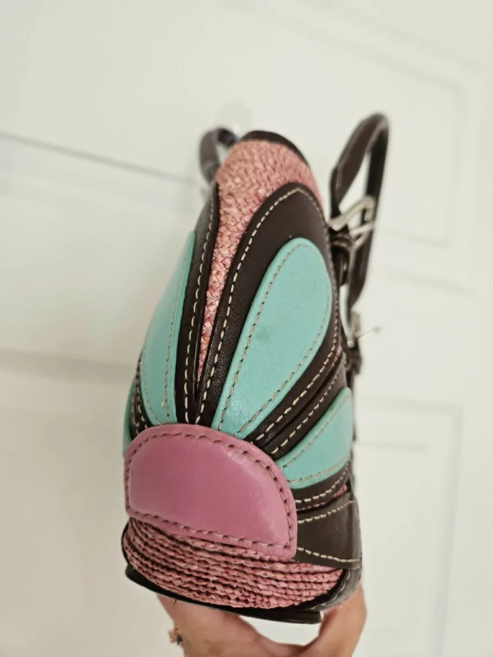 Vintage Isabella Fiore Woven Pink Leather Appliqué Satchel w/ Charm